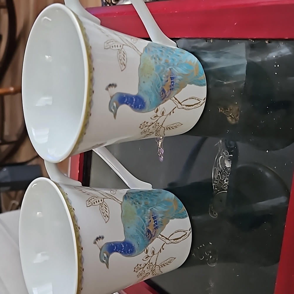 222 Fifth Pair Of Peacock Garden Fine China Coffee Mugs